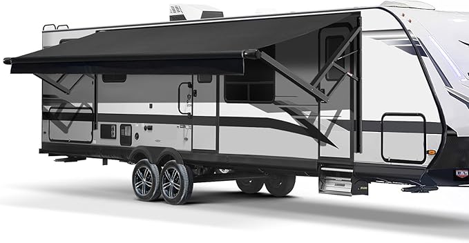 RV Awning Fabric Replacement, Patio Vinyl Outdoor Canopy for Campers, Trailers, and Motorhomes (Black Solid, 13'(Fabric 12'2"))