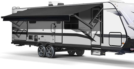 RV Awning Fabric Replacement, Patio Vinyl Outdoor Canopy for Campers, Trailers, and Motorhomes (Black Solid, 19'(Fabric 18'2"))