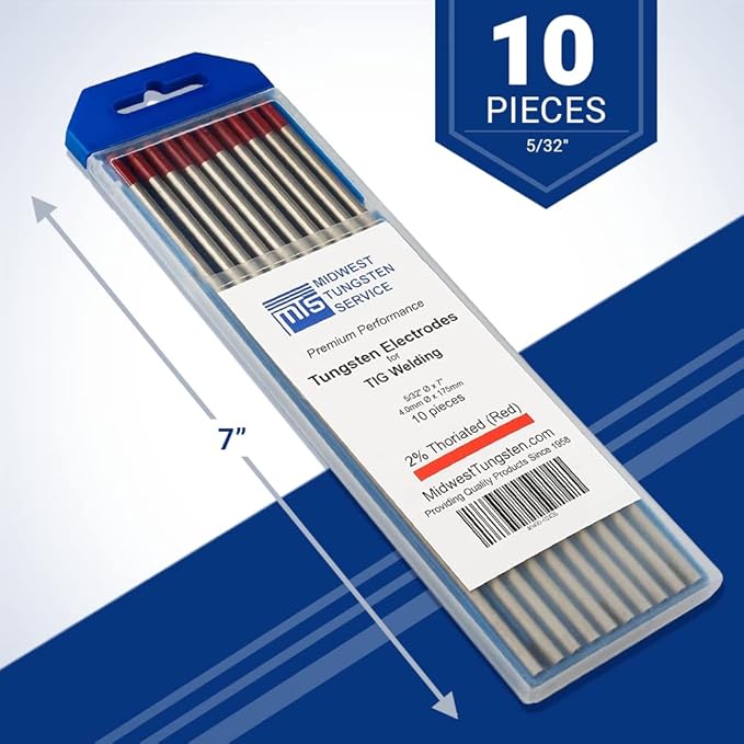 Midwest Tungsten Service TIG Welding Tungsten Electrodes 10-Pack (Red - 2% Thoriated Tungsten (WT20/EWTh-2), 5/32")