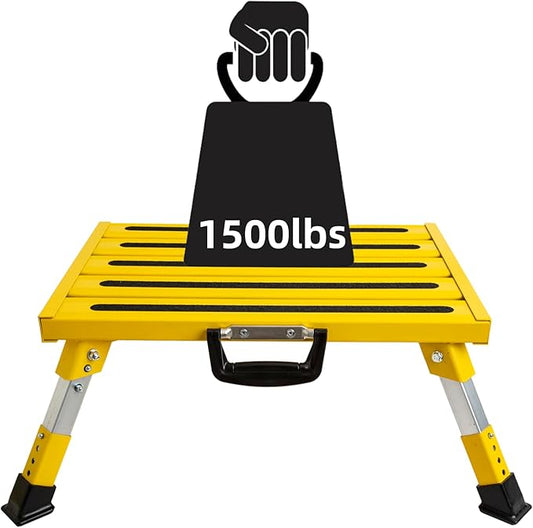 Homeon Wheels Aluminium RV Steps Adjustable Folding Step Stool with Non-Slip Rubber Feet, Stable Platform Supports 1500bs, Safety Strips, Handle, Easy Carry, Outdoor Camper Trailer Travel - Yellow
