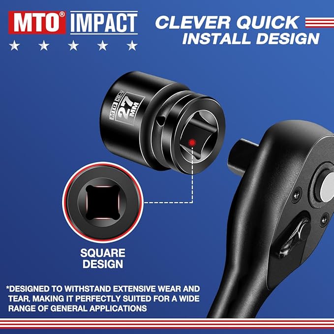 MTO 1/2" Drive 27mm Shallow Impact Socket, 6-Point Metric Socket for Automotive Maintaince, CR-V Steel Meets ANSI Standards