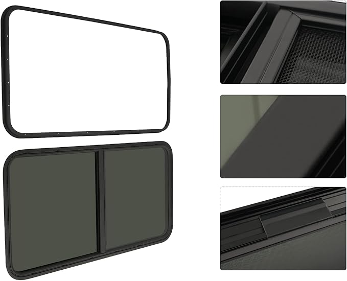 RV Window, Teardrop Horizontal Slide Black RV Window, Vertical Sliding RV Window 24" W X 20" H Horizontal Sliding Window Camper Trailer Window Horizontal Sliding Replacement Glass W/Trim Ring