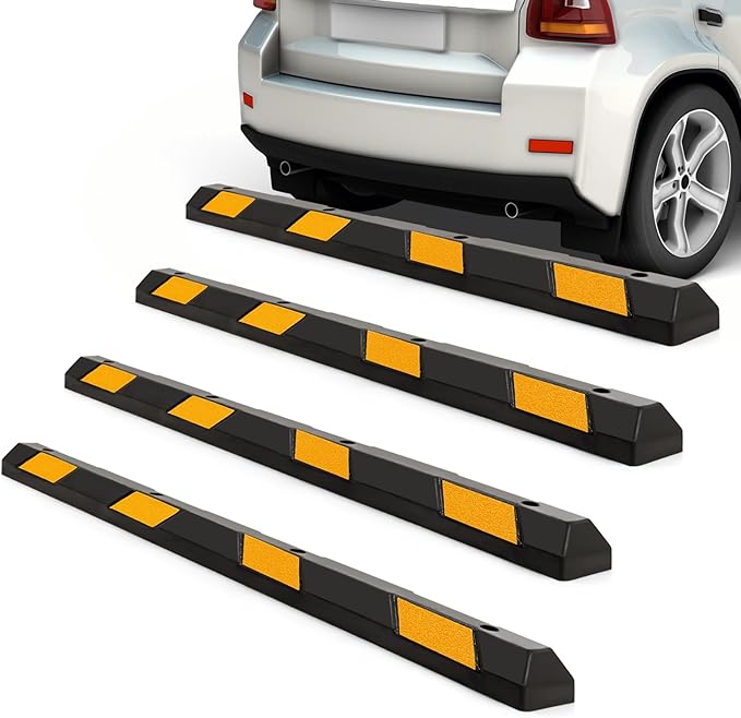 Goplus Parking Block, 72” Rubber Parking Bumpers with 8 High Reflective Yellow Safety Stripes, Heavy Duty Parking Target, Garage Wheel Stoppers Parking Curb for Car, Truck, RV and Trailer (4 Pack)
