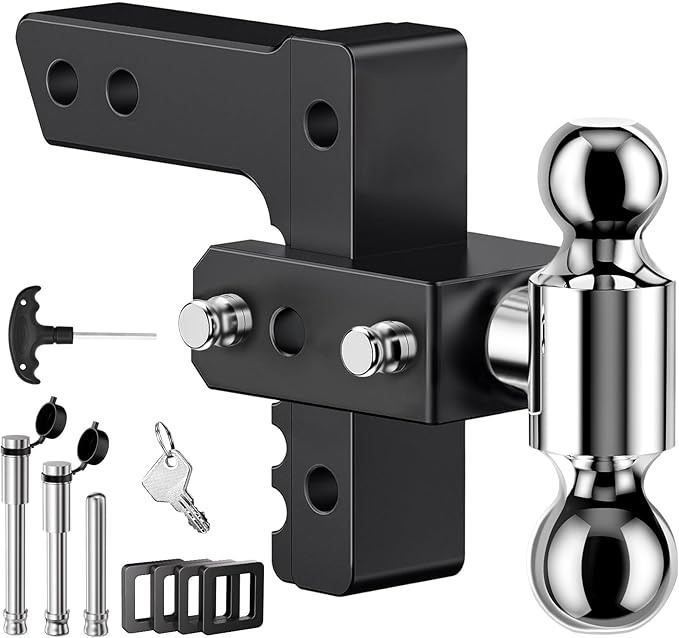 Adjustable Trailer Hitch, Fits 2-Inch Receiver, 6-Inch Drop/Rise for Trucks (12500 LBS GTW), Heavy Duty Aluminum Tow Hitches with 4 Silencer Pads & 2 Locking Hitch Pin, Black