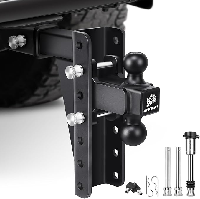 METOWARE Adjustable Trailer Hitch - Heavy Duty Tow Hitch (22,000 LBS GTW) Fits 2'' Receiver - 8'' Drop/Rise for Truck with 1-7/8" & 2" Hitch Ball, with Double Stainless Steel Locks & Hitch Pin