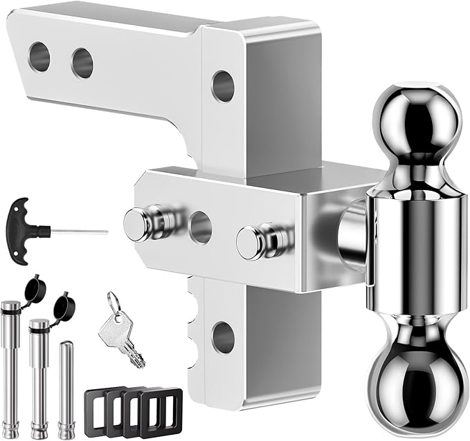 Adjustable Trailer Hitch, Fits 2-Inch Receiver, 6-Inch Drop/Rise for Trucks (12500 LBS GTW), Heavy Duty Aluminum Tow Hitches with 4 Silencer Pads & 2 Locking Hitch Pin, Silver