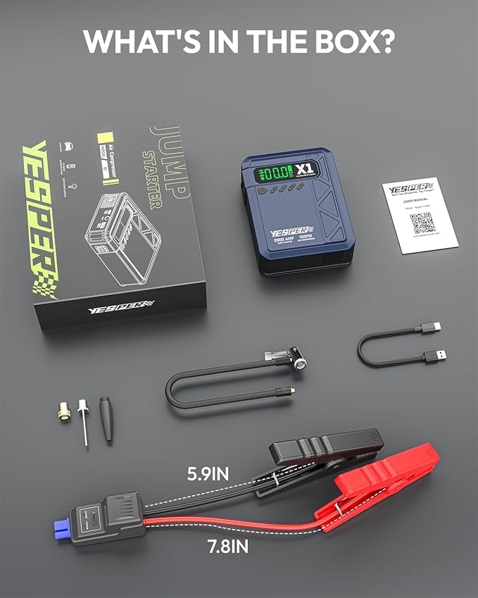 YESPER Jump Starter with Air Compressor 2000A 150PSI Battery Jumper Starter Portable(8L Gas/6L Diesel), 12V Car Jump Pack Battery Charger Jump Box with Jumper Cables, LCD Display, Lights(Blue)