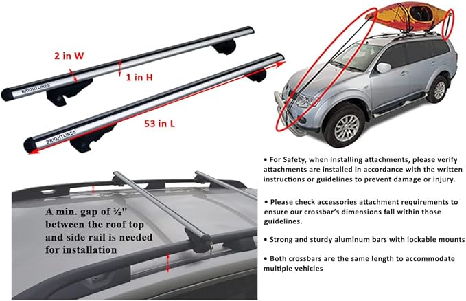 BrightLines 53" Universal Crossbars Roof Racks Compatible with Raised Roof Side Rails for Kayak Luggage ski Bike Carrier, a Set of 2 (Silver)