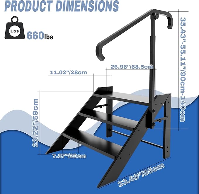 RV Step Stool Foldable, Folding 3 Step Ladder, Hot Tub Steps with Handrail, Portable Pool Ladder, 660Lbs Heavy Duty Ladder Shelf Outdoor Mobile Home Stairs for Camper, Porch, SPA Pool, Pet