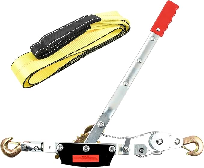 2 Ton Heavy Duty 3 Hook Steel Cable Dual Gear Power Puller Come Along Chain Winch Ratchet Tool with 3 ''Inch x 8' Foot Winch Strap, Tow Strap (30,000 BLS Capacity)