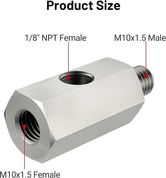EVIL ENERGY M10*1.5 Oil Pressure Sensor Tee Adapter, Stainless Steel M10*1.5 Metric Female to Male Threaded Oil Pressure Adapter with 1/8 NPT Female Port, Gasket, Sliver