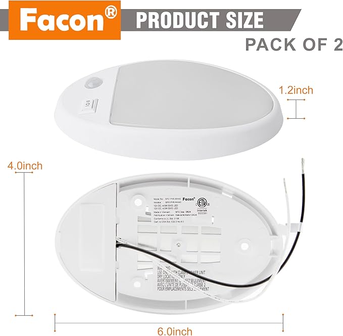 Facon 2Pack 12V DC RV Interior Light with PIR Motion Sensor & 3-Way Switch - Small Oval Pancake Ceiling Dome Light, 6000K Daylight White, ETL Listed for RV, Motorhome, Camper, Boat