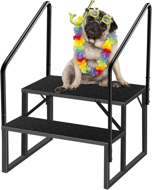 2 Step RV Steps with Handrail, Upgrade RV Stairs with Platform, 660lbs Anti-Slip Hot Tub Steps Spa Steps Step Ladder Outdoor Steps for Camper/Spa/Porch/Pet/Mobile Home(2 handrails)