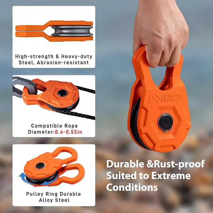 RUGCEL WINCH Snatch Block 12T, Heavy Duty Recovery Winch Pulley Compatible with Synthetic Rope & Steel Cable,E-Coated Orange Finish, for Truck, Tractor, ATV & UTV (12T-Orange)