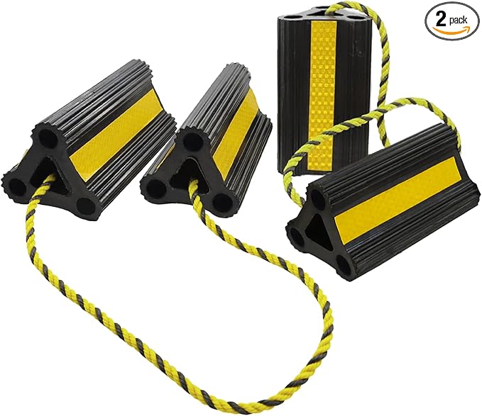 Wheel Chocks for Travel Trailers Camper RV Truck Car, Solid Rubber Sturdiness Heavy Duty Simple Easy to Use, Tires Chock Block Stopper with Nylon Rope Yellow Reflective Tape [8.2" 2pair/4pack]