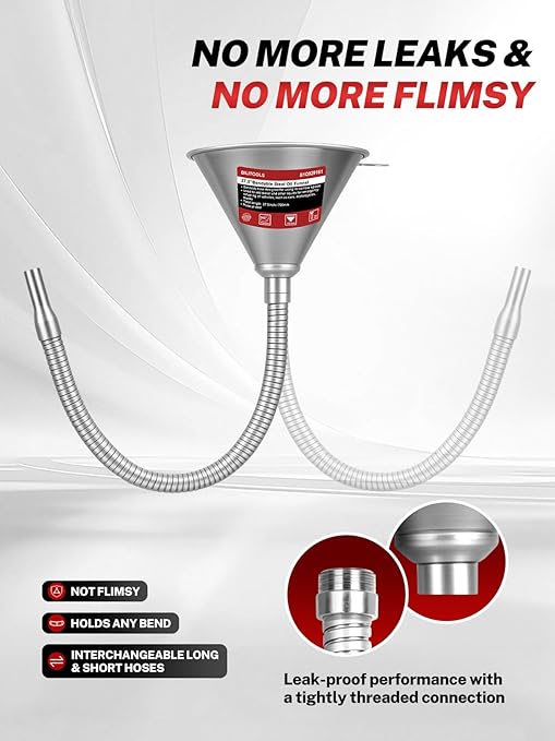 BILITOOLS 3pc Flexible Oil Funnel Kit, Spill-Free Steel System with Filter & Long/Short Hoses + Reusable Flexible Funnel for Automotive Use, Universal for Engine Oil, Transmission Fluid, Coolant