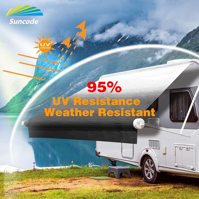 Suncode RV Awning Fabric Replacement Waterpoof Universal Outdoors Canopy for Camper,Trailer,and Motorhome Awning Replacement Premium Grade Vinyl RV Canopy Replacement 17'(Fabric 16'2") Charcoal Fade