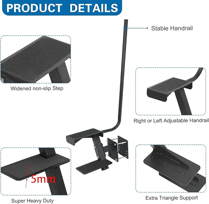 Boat Trailer Step, Heavy Duty Steel 2 Steps Ladder for Boat Trailer Tongue with Handrail, 450lbs Capacity, Black