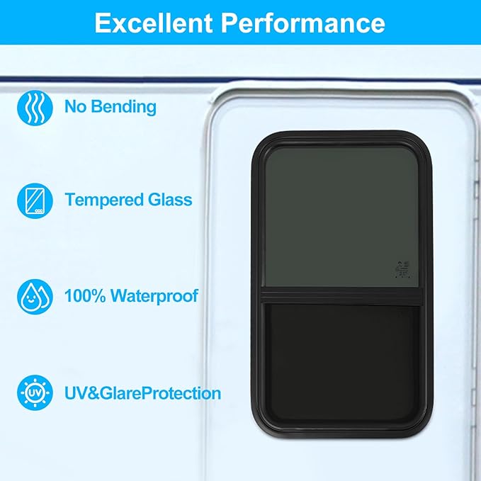 2 Pack 18" W x 30" H RV Window Vertical Sliding, DOT Certified - Shatterproof Tempered Tinted Glass, with Net Screen and Trim Ring, Teardrop Replacement Trailer Camper Window