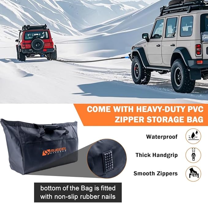 RUGCEL Kinetic Recovery Rope Tow Rope - 34000 lbs Strength, 1" x 30ft, with Heavy-Duty Gloves, Soft Shackle & Snatch Block - Ideal for Car, Truck, SUV, UTV, ATV & Tractor - Black Tow Straps