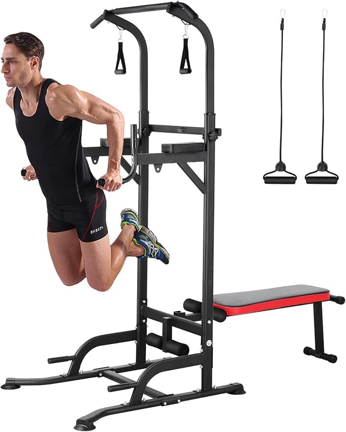 TLSUNNY Power Tower with Bench, Pull Up Bar Dip Station, Power Tower Dip Station, Training Workout Equipment, Height Adjustable Pull Up Tower w/Folding Bench 4 Ropes, Strength Training, Home Gym