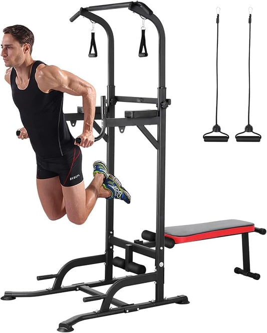 TLSUNNY Power Tower with Bench, Pull Up Bar Dip Station, Power Tower Dip Station, Training Workout Equipment, Height Adjustable Pull Up Tower w/Folding Bench 4 Ropes, Strength Training, Home Gym