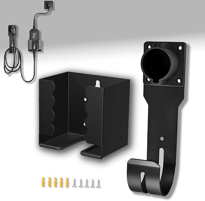 EV Charger Holder Wall Mount Kit, Ev Charging Cable Holder, EV Cable Box Organizer&J-Hook Electric Car Plug Nozzle Holster for SAE J1772 Connector(Indoor/Outdoor Use)