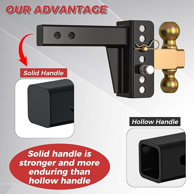 Adjustable Trailer Hitch, 4 Inch Drop Hitch Ball Mount, 20,000 LBS GTW, 2" & 2-5/16" Ball Hitch, Tow Hitch for Heavy Duty Truck with Double Hitch Locks and Pin, Solid Shank (2 Inch Receiver)