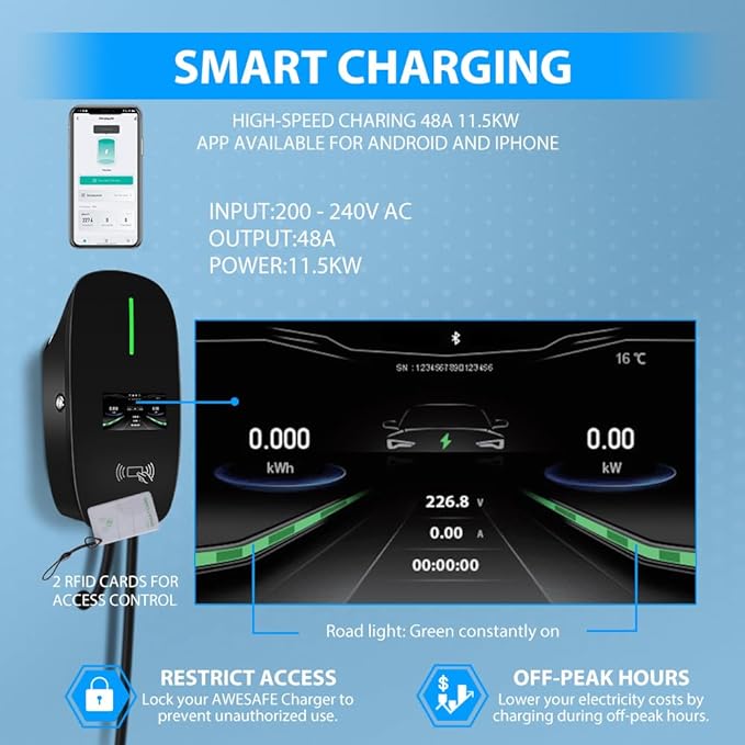 AWESAFE Level 2 EV Charger for Tesla, 48 Amp Wall Charger Hardwired WiFi Enabled, Smart APP Control Electric Vehicle Charging Stations - Home Use