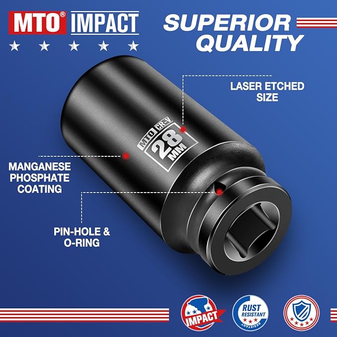 MTO 1/2" Drive 28mm Deep Impact Socket, 6-Point Metric Socket for Automotive Maintaince, CR-V Steel Meets ANSI Standards