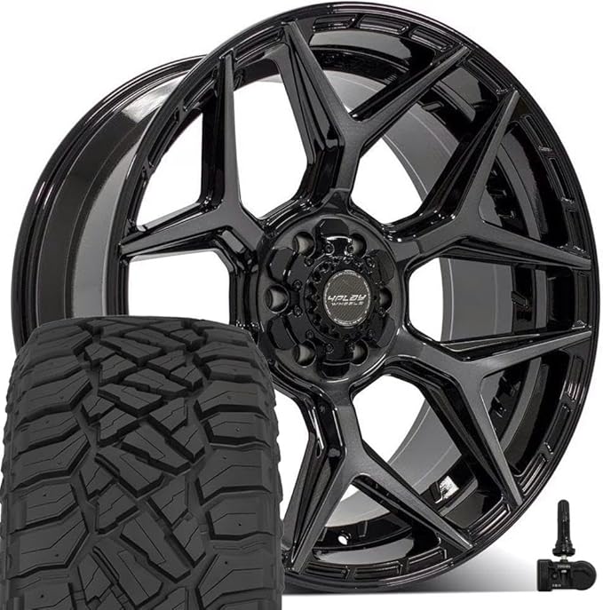 4PLAY Wheels 4P06 22 Inch Rims and Tires Fit 6x135 & 6x139.7 22x10 Gloss Black Brushed with Tinted Clear - TerraMax RT 33x12.50/22 (Set of 4)