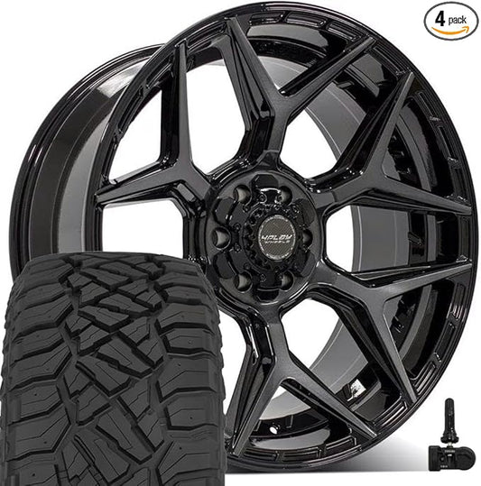 4PLAY Wheels 4P06 22 Inch Rims and Tires Fit 6x135 & 6x139.7 22x10 Gloss Black Brushed with Tinted Clear - TerraMax RT 33x12.50/22 (Set of 4)
