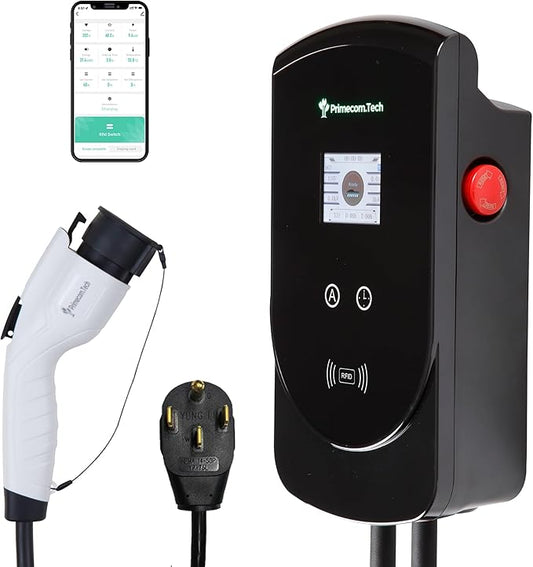 50 Amp - PRIMECOM.TECH Level-2 Smart Electric Vehicle Home Charging Station 220 Volt for Tesla and All EV Brands, 30' to 50' Feet Cord Length Options (NEMA 14-50p, 50 Feet)