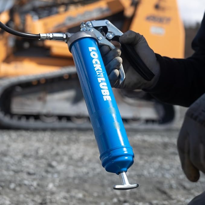 LockNLube Heavy-Duty Pistol Grip Grease Gun. Includes our patented LockNLube® Grease Coupler (Locks On, Stays On, Won't Leak!) plus a high-quality 20" hose and in-line hose swivel