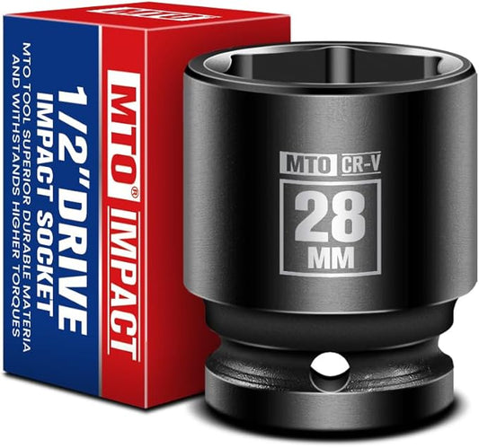 MTO 1/2" Drive 28mm Shallow Impact Socket, 6-Point Metric Socket for Automotive Maintaince, CR-V Steel Meets ANSI Standards