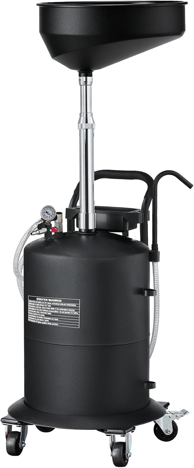 18.5 Gallon Industrial Fluid Drain Tank, Oil Drain Extractor, Portable Pneumatic Waste Oil Drain with Wheels, Adjustable Funnel Height