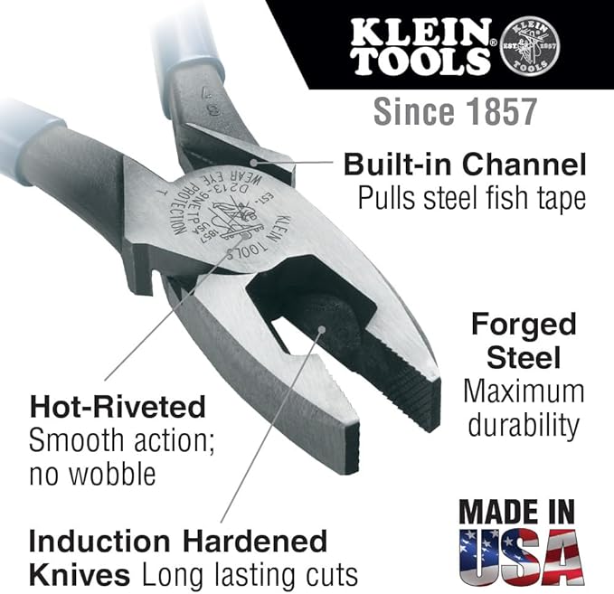 Klein Tools D2000-9NETP Lineman's Fish Tape Pulling Pliers, High Leverage Design with Handle Tempering for comfort when Cutting, 9-Inch