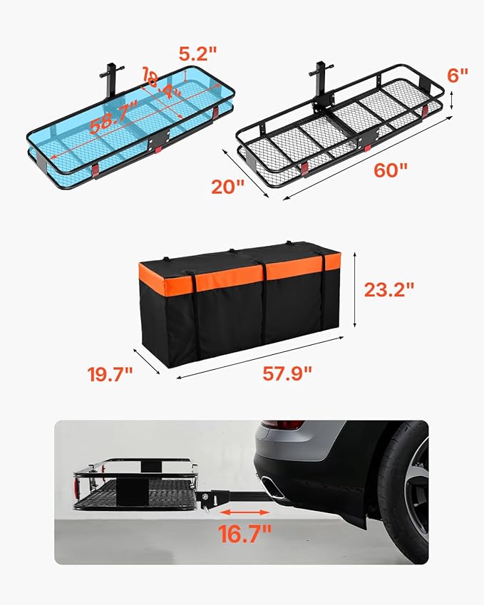 VEVOR 60" x 20" x 6" Hitch Cargo Carrier, 500 lbs Capacity with Cargo Net & Waterproof Cargo Bag, Folding Hitch Mount Cargo Carrier Basket with Hitch Lock for 2" Receiver, Fit for SUVs