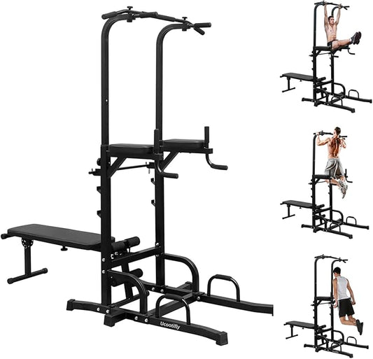 Multifunction Power Tower with Bench Pull Up Bar Dip Station Adjustable Height Dip Stand Heavy Duty Workout Strength Training Tower Fitness Equipment for Home Gym