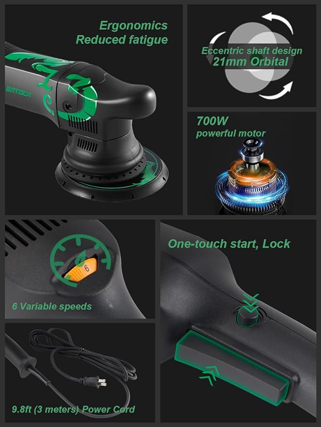 BATOCA Dual Action Polisher 6-inch DA Polisher for Car Detailing, Car Buffer Polisher 700w Random Orbital, 6 Variable Speed Polishing Kit with 3 Polishing Pads
