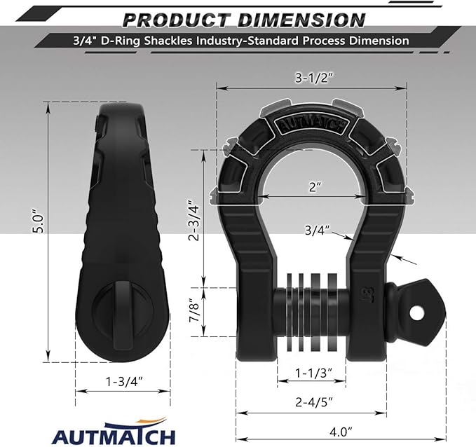 AUTMATCH D Ring Shackles 3/4" Mega Shackle (2 Pack) 68,000Ibs Break Strength - Heavy Duty Clevis Shackles 7/8" Screw Pin & Isolator Washer for Tow Strap Winch Off Road Vehicle Recovery, Matte Black