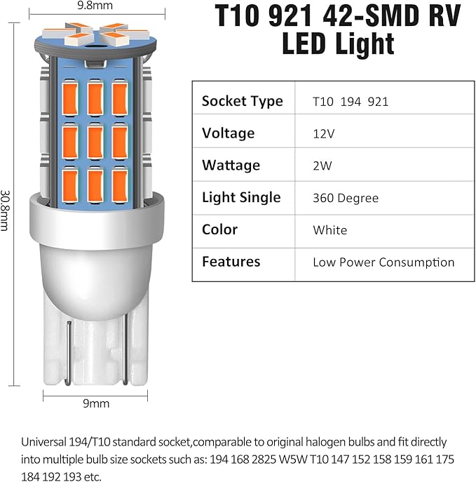 T10 921 194 168 175 LED Bulbs Warm White 20-Packs, Super Bright 3014 42-SMD Replacement 12 Volt RV Camper Trailer Boat Trunk Interior Dome Map License Lights, Backup Reverse Lights