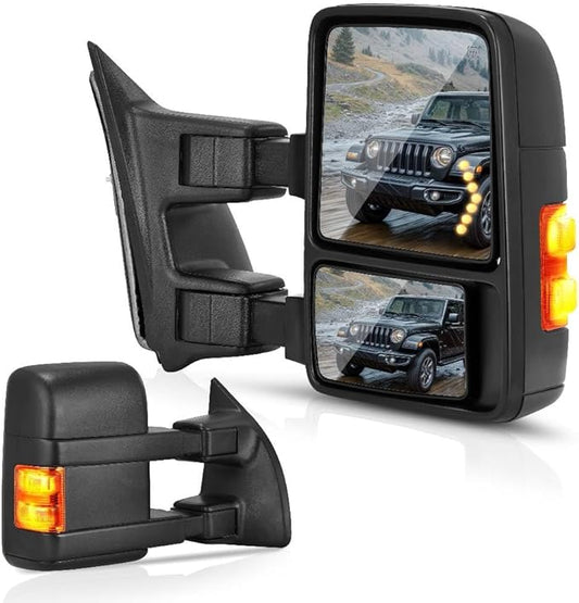 DWVO Towing Side Mirrors Compatible with 08-16 Ford F250 F350 F450 F550 Super Duty Mirror with Manual Telescoping Folding Heated Amber Turn Signal Light Power Pair Black