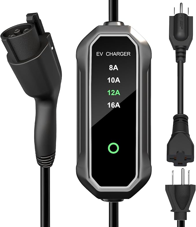 Level 2 EV Charger 16 Amp 25ft Cable 240V NEMA 6-20 Plug, 120V NEMA 5-15 Adapter, Mobile Portable Electric Vehicle Charger Plug-in Home EV Charging Station for SAE J1772 Evs Adjustable Current