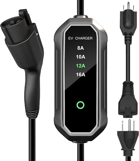 Level 2 EV Charger 16 Amp 25ft Cable 240V NEMA 6-20 Plug, 120V NEMA 5-15 Adapter, Mobile Portable Electric Vehicle Charger Plug-in Home EV Charging Station for SAE J1772 Evs Adjustable Current