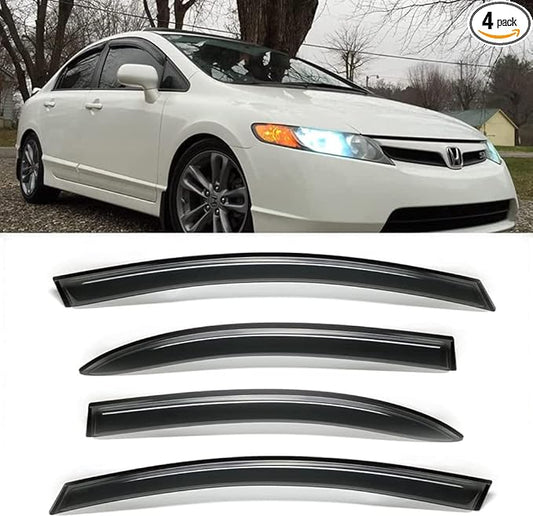 94944 Side Window Visors Vent Deflector Rain Guard,4pcs Outside Mount Tape-on Shatterproof Dark Smoke Window Shades fit for 2006-2011 Honda Civic 4-Door Sedan