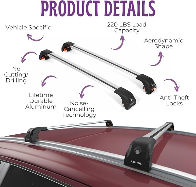 ERKUL Heavy Duty Roof Rack Cross Bars for Volvo XC90 2016-2026 | Upgraded 220 lbs Aero Aluminum Crossbars with Smart Clamp System | Compatible with Flush Rails - Silver