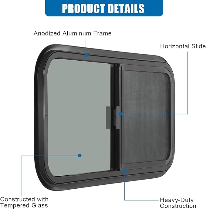 Horizontal RV Window, 24" W x 20" H Tinted Sliding RV Window with Net Screen and Trim Ring, Suitable for 15/16" or 1-3/8" and Slightly Thicker Up to 1/16" Walls, DOT Approved