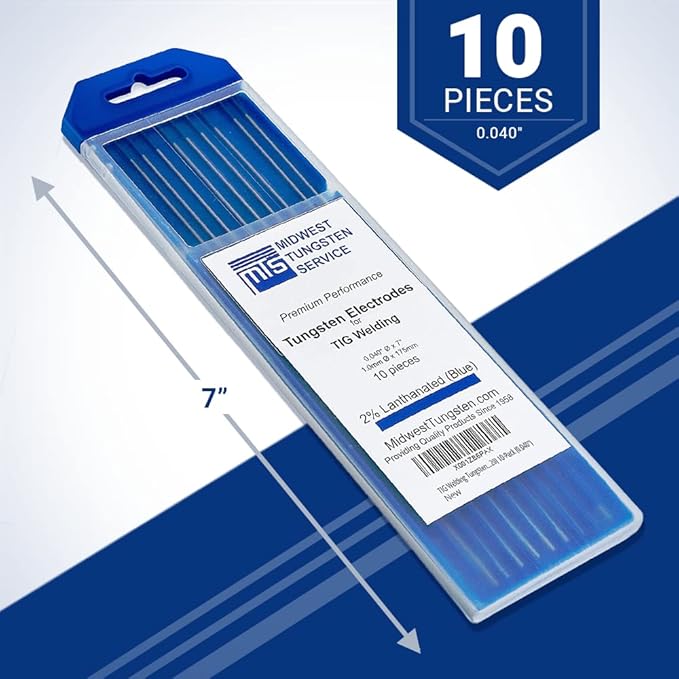 Midwest Tungsten Service TIG Welding Tungsten Electrodes 10-Pack (Blue - 2% Lanthanated Tungsten (WL20/EWLa-2), 0.040")