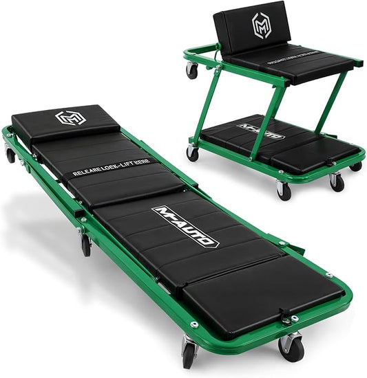 M-AUTO Heavy-Duty Convertible Mechanic Creeper, 48" Padded Adjustable Headrest Roller Garage Chair with 7 Swivel Casters for Washing, Detailing, Maintenance, Green